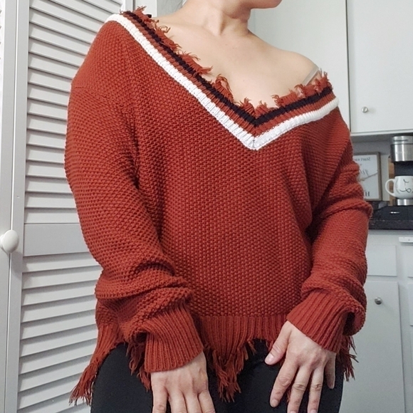 Distressed rib knit varsity collared sweater, Size S. - Picture 1 of 9